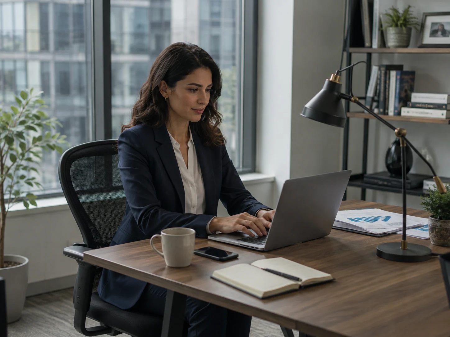 Profissional trabalhando com documentos e notebook